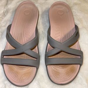 Croc sandals! Size 8W! Gray and pink! Have been worn!